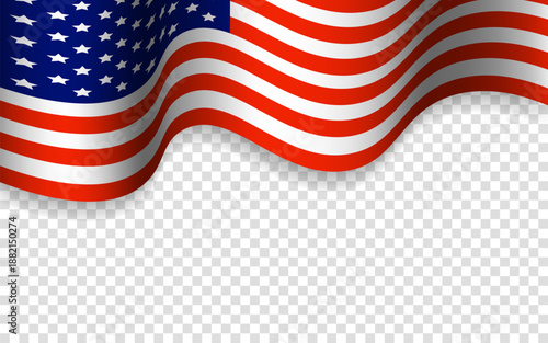 American flag waving in the wind on a transparent background. Banner for Independence Day 4th of July, Memorial, Veterans Day, freedom and democracy celebration.
