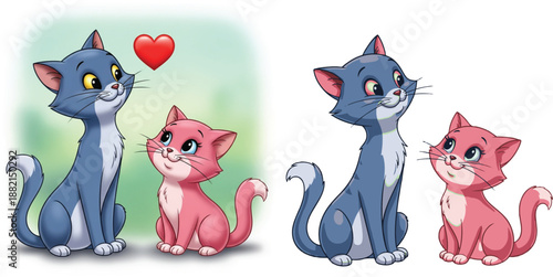 Cartoon cats with heart symbol love blue cat pink cat