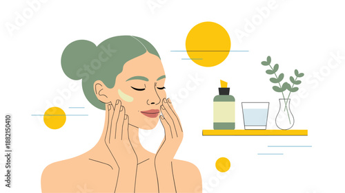 Illustration of a woman performing her daily skincare routine applying products on her face with beauty items.
