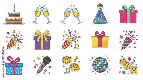 Set of colorful party and birthday icons including cake champagne gifts confetti hat and disco ball.