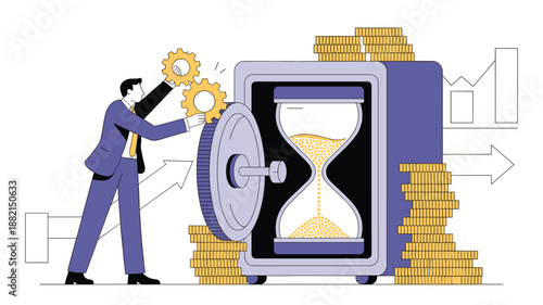 Business concept illustration of a man turning a gear on a safe door revealing an hourglass inside.