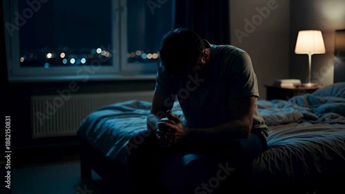 A person sits alone in a dark room late at night, a moment of profound contemplation, the dim lighting casts long shadows. 