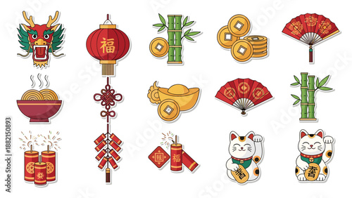 Chinese New Year festival icons featuring dragon head lantern coins fan bamboo and lucky cat.