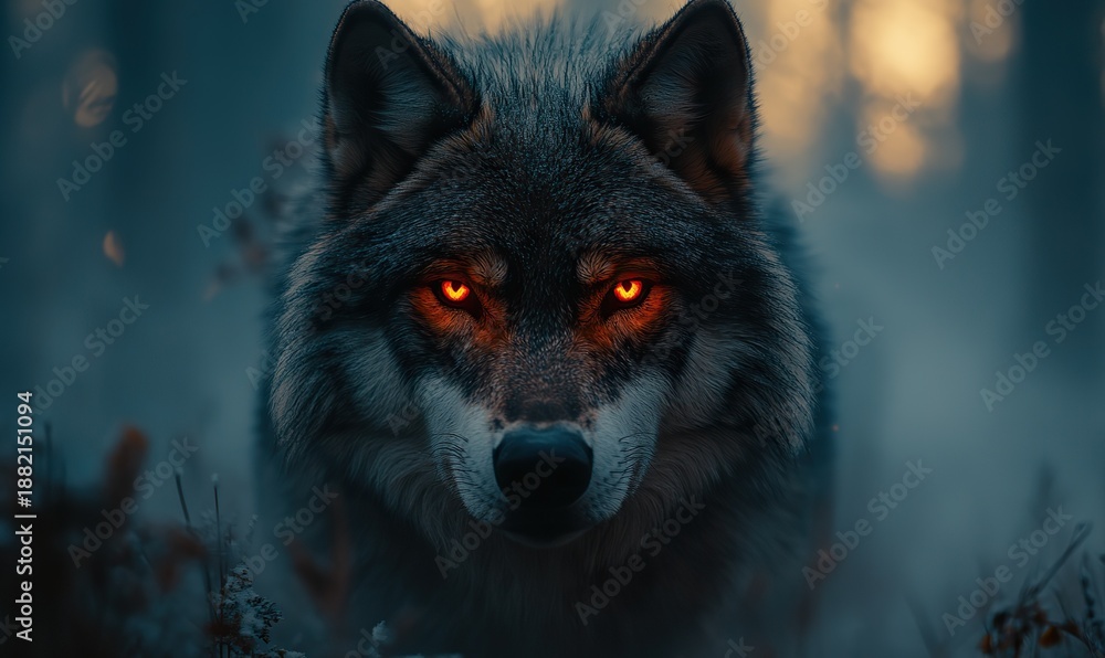 Obraz premium A Majestic Wolf with Fiery Eyes Staring Intensely into the Viewer