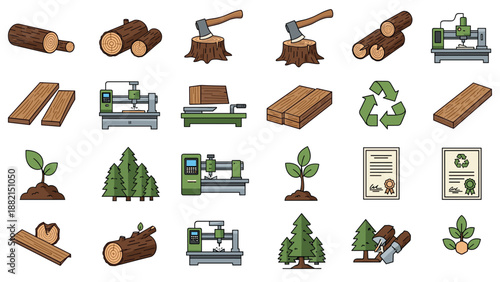 Woodworking and lumber industry icons showing logs timber tools machinery and forestry elements.