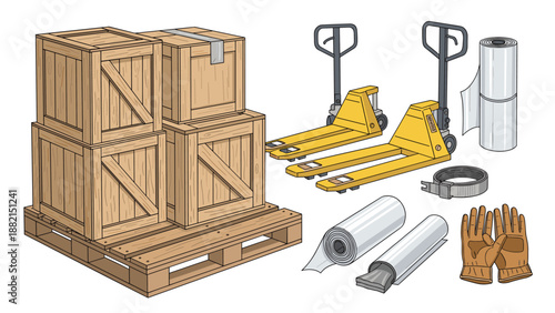 Warehouse storage equipment illustration featuring wooden crates on a pallet with pallet jacks and packing materials.