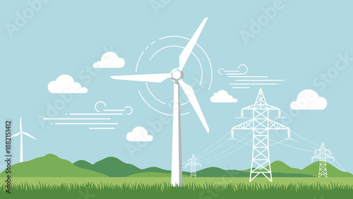 Flat illustration of renewable energy landscape featuring wind turbines and power lines in a green field.