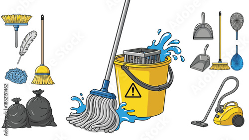 Cleaning service equipment icons showing mop bucket broom dustpan vacuum cleaner and garbage bags.