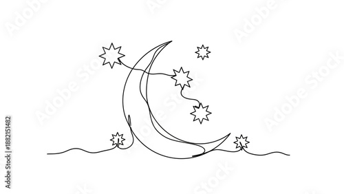 Crescent moon and stars in minimalist line art