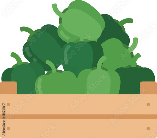 Fresh Green Bell Peppers in Wooden Crate Vector Illustration