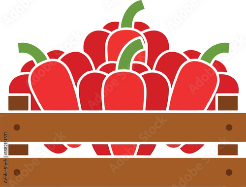 Fresh Red Bell Peppers in Wooden Crate Vector Illustration