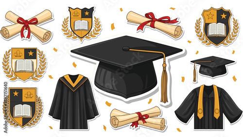 Graduation ceremony icons featuring academic caps diploma scrolls gowns and university shield emblems.