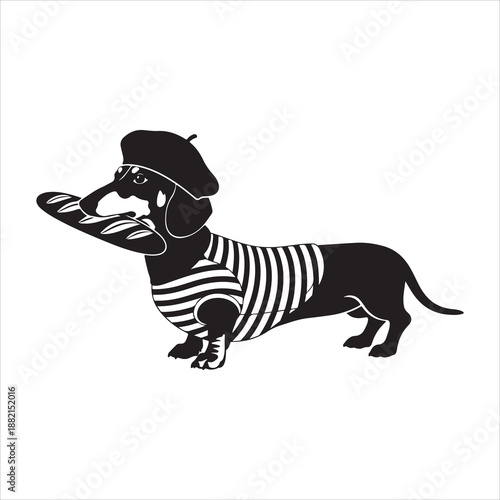 a charming dachshund wearing a beret and striped shirt proudly carrying a loaf of french bread