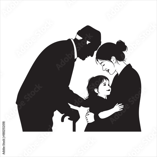 a black and white silhouette illustration depicting a man woman and child embracing tenderly