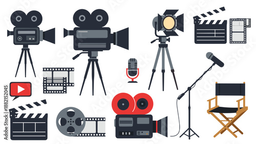 Video production and filmmaking icons set including movie camera microphone clapperboard and director chair.