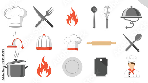 Assortment of kitchen tools and cooking symbols featuring chef hats, knives, ladles, whisk, rolling pin, and boiling pots for culinary arts.