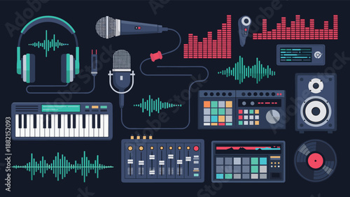 Pixel art music production icons featuring synthesizer mixer headphones microphone speakers and waveforms.