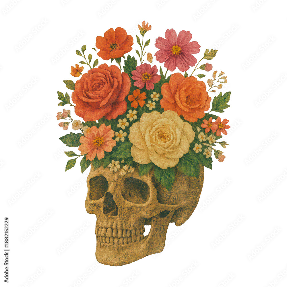 Naklejka premium PNG Skull adorned with vibrant flowers.