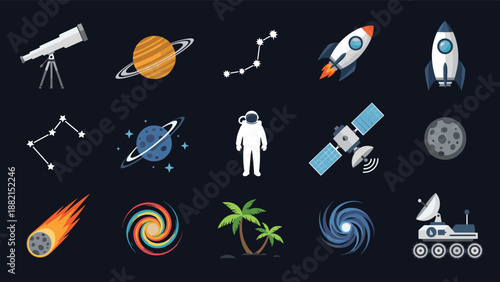 Space exploration and astronomy icons featuring telescopes, planets, rockets, satellites, constellations, and rovers for cosmic themes.