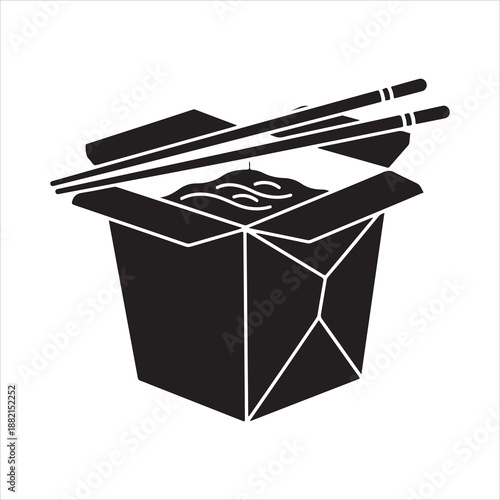 a simple black and white illustration depicting a takeout container with chopsticks resting on top