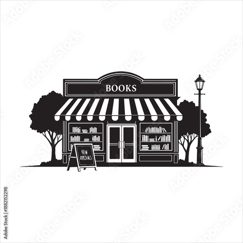 a black and white illustration of a quaint bookstore with striped awning and surrounding greenery