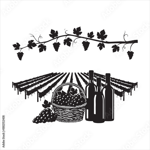 a black and white illustration depicting grapes vines wine bottles and a vineyard landscape scene