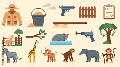 Zoo and safari wildlife set featuring animals, zookeeper uniforms, feeding buckets, enclosures, and veterinary tools for animal care tasks.