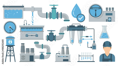 Water treatment and filtration system icons featuring pipes, valves, storage tanks, purification filters, and industrial plant machinery.