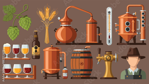 Brewery and beer production icons featuring hops, wheat, copper kettles, fermentation tanks, barrels, taps, and glasses of draft beverages.