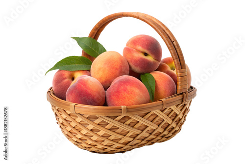 Ripe peaches bursting with flavor, a delicious and healthy choice for any occasion, photographed in a rustic woven basket on a clean white background