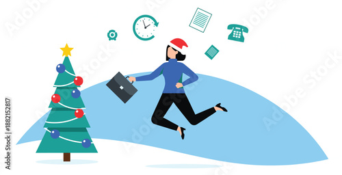 Busy Businesswoman Working During Christmas Holiday with Office Tasks, Time Management, Work Life Balance, Seasonal Deadline Pressure Illustration