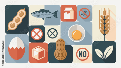 Flat design vector illustration of common food allergens including peanuts fish milk eggs wheat and soy on colorful squares.