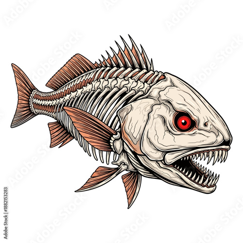 Aggressive redfish reddrum skeleton with sharp teeth and red eyes vector illustration on white background