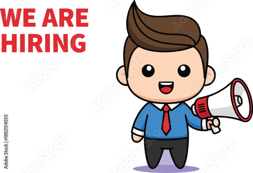 We Are Hiring Cute Business Character with Megaphone Recruitment Announcement Illustration for Job Vacancy, Career Opportunity, and HR Marketing Design