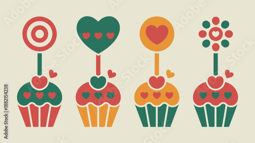 Colorful cupcakes with heart toppers Vector