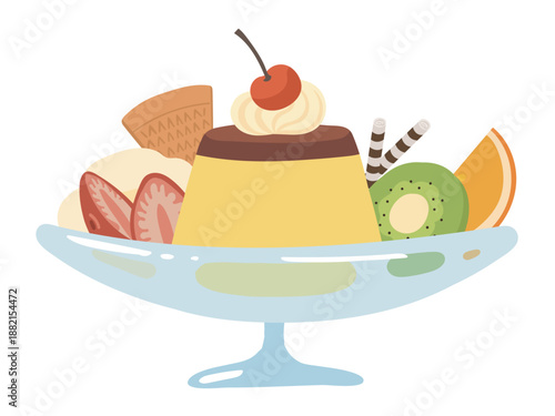 An illustration of a cute coffee shop-style pudding a la mode served on a glass plate with plenty of fruit.
