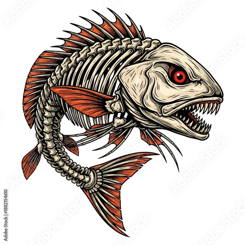 Aggressive redfish reddrum skeleton with sharp teeth and red eyes vector illustration on white background