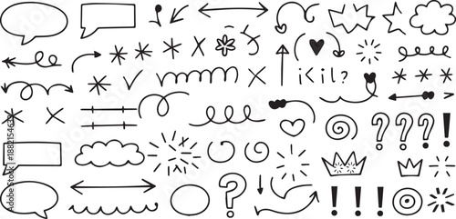 Hand-drawn set of doodle arrows, speech bubbles, and symbols, sketchy black ink icons for creative design projects