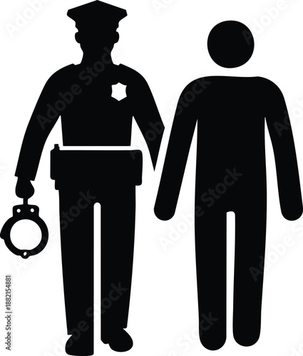 Police officer leading a suspect in handcuffs illustration of law enforcement and arrest simple silhouette isolated on white background