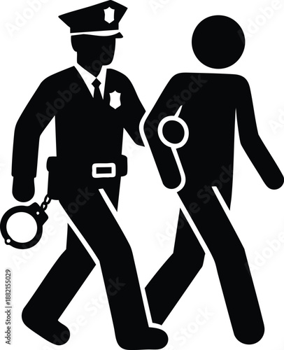 A Police and an arrested handcuffed man standing icon silhouette vector illustration on a white background