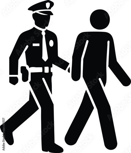 A Police and an arrested handcuffed man standing icon silhouette vector illustration on a white background