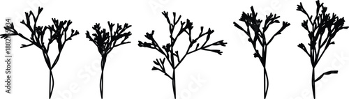 Five black silhouettes of stylized trees with branching stems white nature