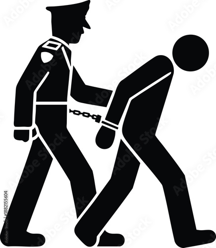 A Police and an arrested handcuffed man standing icon silhouette vector illustration on a white background