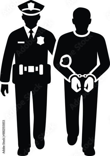 A Police and an arrested handcuffed man standing icon silhouette vector illustration on a white background