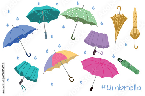 Set of various umbrellas. Portable umbrellas for travel and rainy weather adventures. Vector illustration.