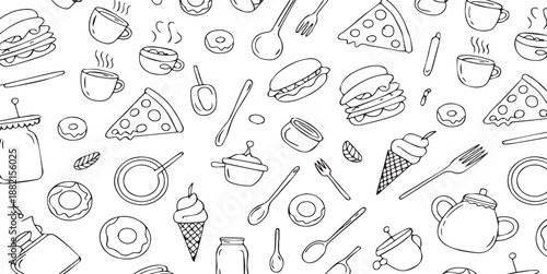 Hand-drawn food and drink doodle pattern featuring pizza, burgers, coffee, and donuts in sketchy outline style