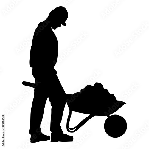 Construction worker wheelbarrow pushing silhouette