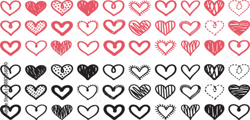 Hand-drawn hearts set in red and black ink, sketchy love symbols and romantic icons for Valentines Day