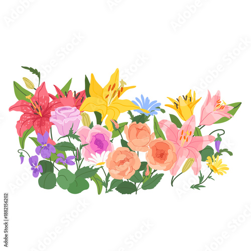 Lush horizontal botanical arrangement featuring vibrant pink lily, rose, and violet flowers flat vector for heirloom romance branding