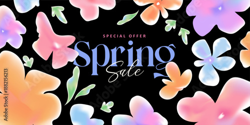 Spring sale banner with soft pastel flower shapes on dark background for seasonal promotion, marketing banners, web headers, social media, and commercial advertising layouts